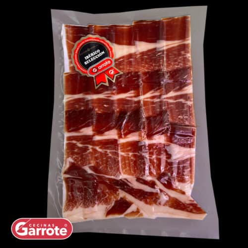 Blister de jamón ibérico de cebo de campo cortado a cuchillo y envasado al vacío de Garrote. Ibérico Selección.